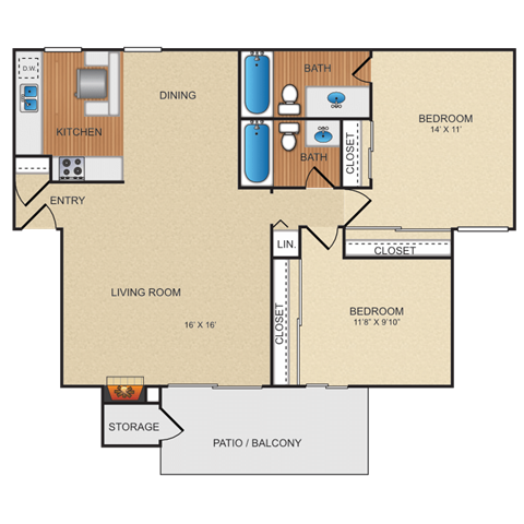 Floor plan for 2 beds, 2 baths, 758 sqft